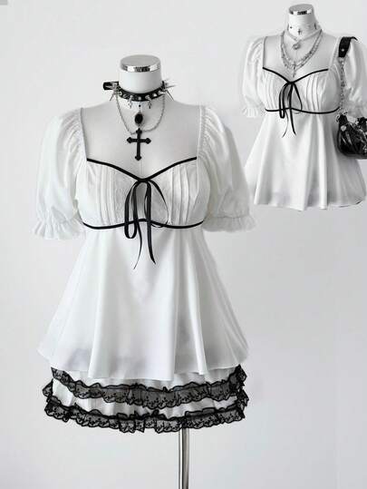 Sunspun New Fashionable Sweet Cute Versatile Bow, Elegant, Vacation Patchwork White Lace Ruffle Heart-Shaped Collar Puff Sleeve Gathered Hem Design Blouse Top For Women, Slim Fit, Flared Hem, Collegiate Style