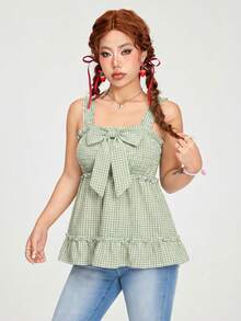 ROMWE Kawaii Top de tirantes con volantes y lazo decorativo a cuadros, estilo casual de verano - Multicolor - Ver 4