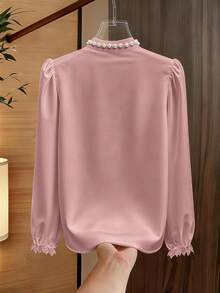 Franclia 女士休闲通勤圆领长袖珍珠装饰衬衫，优雅百搭，适合工作场合，秋冬季穿着。 - 粉色 - 查看 2