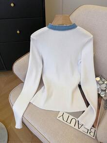 SHEIN Clasi Women's Elegant Fitted Half-Open Collar Denim Patchwork & Element Front Button Design Long Sleeve Sweater, Spring/Summer - White - View 2