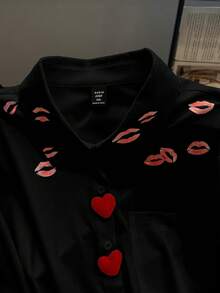 GlowEve CURVE Áo sơ mi dài tay cỡ lớn in hình trái tim và môi - màu đen - Xem 4