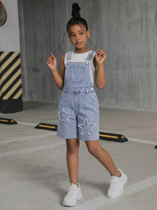 Tween Girls Fashion Casual Y2k Vintage Cool Street Loose And Comfortable Fringed Star-Shaped Blue Denim Drawstring Shorts For Kids Clothes Tween Girls Dailywear And Kids Spring To Summer Rave Outfits Festival And Outfits Streetwear Clothes