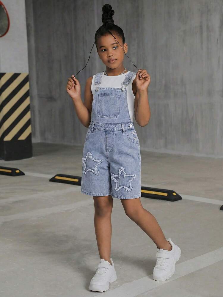 少女时尚休闲 Y2K 复古酷炫街头宽松舒适流苏星形蓝色牛仔抽绳短裤，适合儿童日常穿着，也适合春夏派对、节日和街头服饰。 - 藍色 - 查看 5