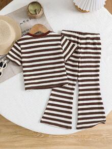 SHEIN 2pcs/Set Young Girl Knitted Striped Round Neck T-Shirt And Fitted Flare Pants Outfit - Mocha Brown - View 3