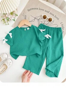 Babygirl Cute Green Bow Knit Short Sleeve T-Shirt & Elastic Waist Pants Set, Summer - Black - View 2