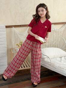 DAZY Tween Girl Letter Print Patch-Up Short Sleeve Top And Patch Pants Pajama Set - Burgundy - View 7
