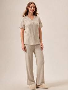 Loomlin 100%Cotton 2Pcs/Women's Button Details And Lettuce Trim Detail Homewear Lounge Set - Beige - View 3