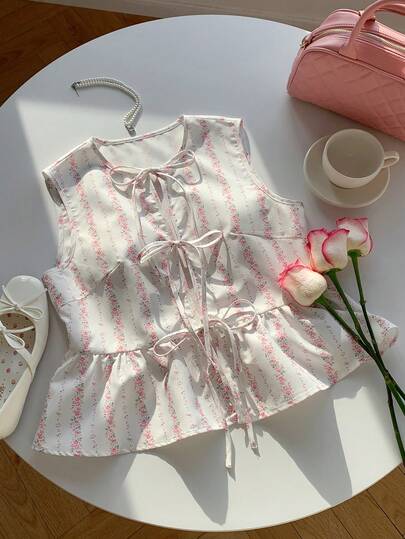 Comfortcana 女士极简印花系带无袖衬衫