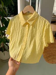 Comfortcana 女士纯色单排扣休闲绉纱短袖衬衫 2026 新款春夏时尚女式沙滩度假休闲上衣 - 淡黃色 - 查看 7