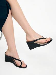 Mnmlis 女士纯色时尚百搭坡跟凉鞋，适合日常穿着 - 黑色 - 查看 5