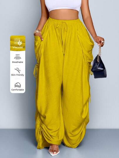 SOLERSUN Women's Solid Color Casual Loose Drawstring Pants With Drawstring Pockets, Elastic Waist, Solid Color, Suitable For Daily Commuting And Vacation, St. Patrick's Day, Easter, Music Festivals, Four-Leaf Clover, Street Style, Beach Vacation, Picnic, Fashionable And Versatile Bottoms For Daily Commuting, Western Style, Bohemian Style, Dignified, Fairy-Like Core. Yellow Pants Women Women S Summer Pants Baggy Pants For Women Women S Jogging Bottoms Viscose Pants