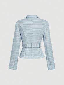 SHEIN MOD White Metal Buckle Double-Breasted Belted Blazer - Baby Blue - View 2
