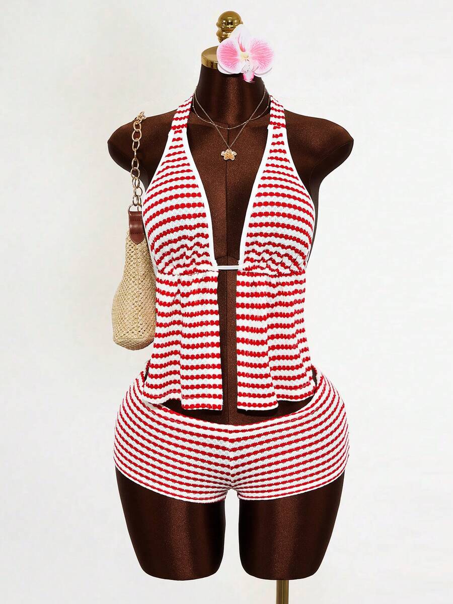 Mistrie Women's Striped Slit Design Sexy Fashion Halter Neck Camisole - Multicolor - View 1