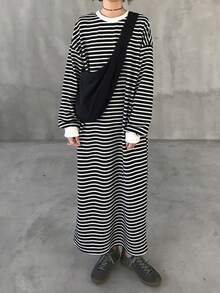 FRIFUL 女士条纹圆领落肩长袖休闲宽松中长连衣裙 - 黑色 - 查看 3