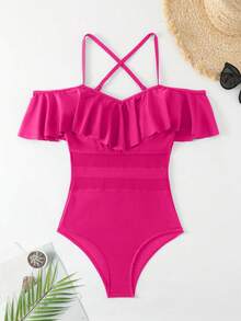 SHEIN Swim 女士纯色露肩吊带荷叶边下摆时尚度假沙滩连体泳衣 - 粉色 - 查看 4