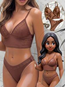 Bonvoyette Brown Embroidered Casual Women's Camisole & Tankini Swimsuit Set - Brown - View 1