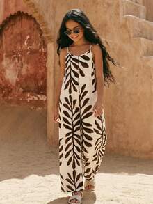 Tween Girls Casual Boho Vacation Style Spaghetti Strap Loose Comfortable Jumpsuit - Khaki - View 2