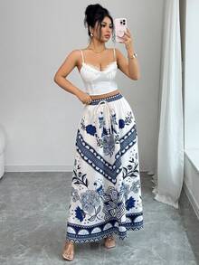 SHEIN Elenzya Falda holgada de línea A con cintura de cordón, estampado de porcelana azul y blanco, estilo de vacaciones - Azul y blanco - Ver 5
