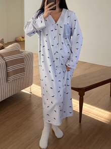 DAZY Puppy Pattern Purple Bat All-Over Print Long Sleeve Loose Nightgown Dress For Women - Mauve Purple - View 6