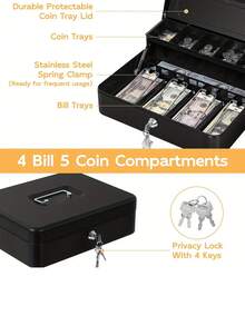 大容量安全现金盒，带安全弹簧夹锁 - 重型金属结构，配有可拆卸硬币托盘和现金整理器，3 种款式可选。 - 彩色 - 查看 5
