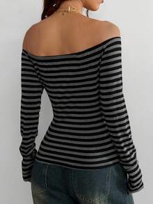 Coolane 女士加大码春夏休闲风日常外出灰色和黑色条纹针织露肩长袖T恤 - 黑色 - 查看 5