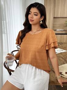 Weeklong Áo kiểu tay ngắn, viền bèo nhún. - màu nâu - Xem 5