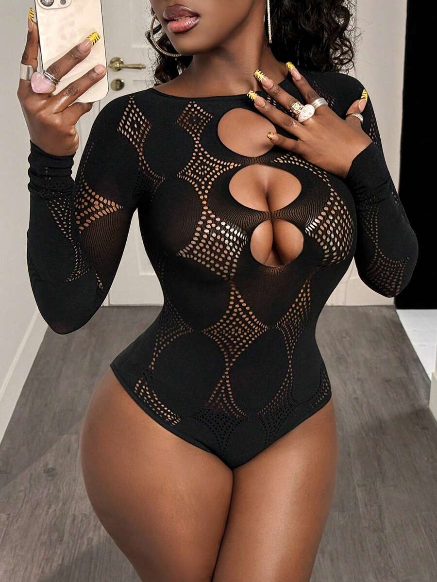 BamGleam Women's Sexy Hollow-Out High Stretch Sheer Bodysuit - Black - View 1