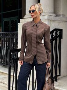 Siren Gaze 女士棕色条纹领结衬衫，秋冬季 - 棕色 - 查看 1