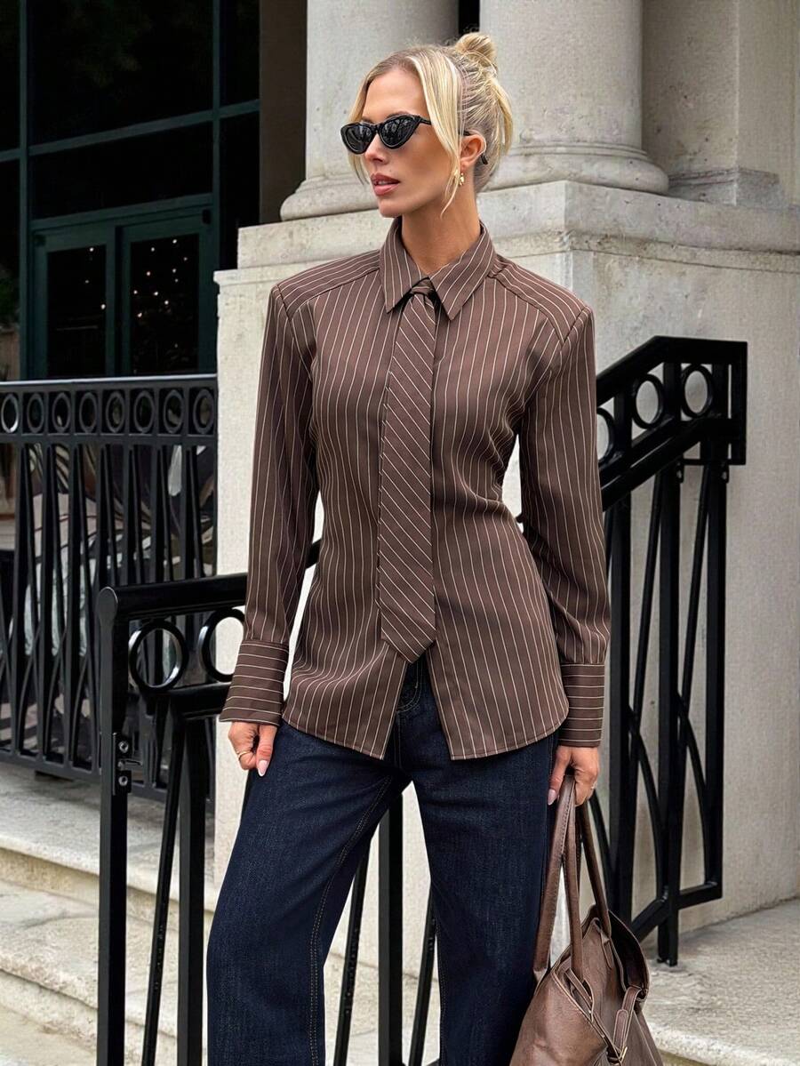 Siren Gaze 女士棕色条纹领结衬衫，秋冬季 - 棕色 - 查看 1