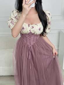 Feyla 女士印花泡泡袖网纱下摆系带腰身优雅连衣裙 - 粉色 - 查看 5