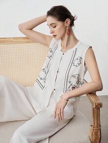 SHEIN LUNE Women's Summer Floral Embroidery Button-Up Shirt For Vacation - White - View 3