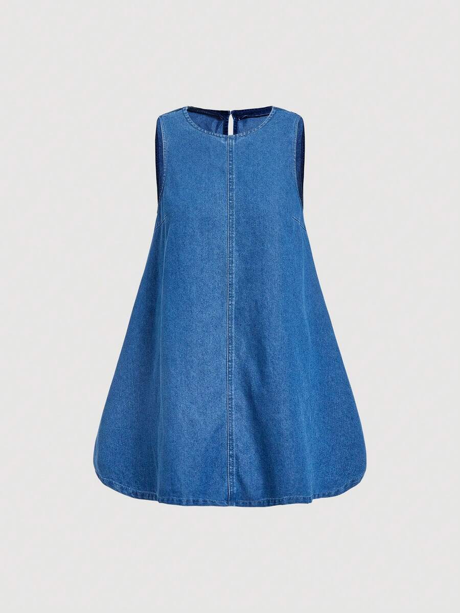 Sweetra Casual Crew Neck Sleeveless Denim Dress For Women - Blue - View 1