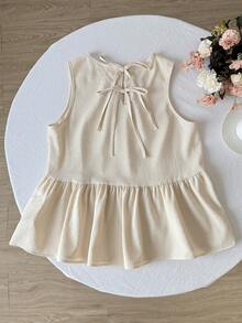 SHEIN Kids Summer Spring Squishy Summer Tops Teen Girls Blue Sleeveless Bow Collar Blouse, Casual Preppy Style Shirt Tween Girl Butter Yellow Tank Top Girls Peplum Top Girls Pastel Yellow Tops - Blue - View 4