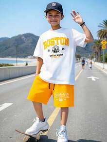SHEIN Teen Boys 2-Piece Set: Contrast Color Letter Graphic White Crew Neck Short Sleeve T-Shirt + Yellow Shorts, Casual, School, Travel, Outdoor, Music Festival, Holiday Party, Summer Beach, Soft Fabric, Versatile - Multicolor - View 2