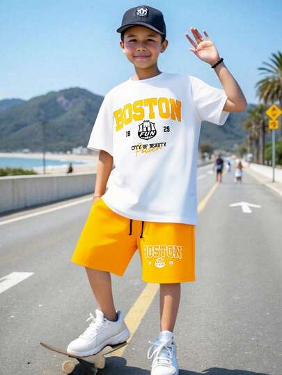 SHEIN Teen Boys 2-Piece Set: Contrast Color Letter Graphic White Crew Neck Short Sleeve T-Shirt + Yellow Shorts, Casual, School, Travel, Outdoor, Music Festival, Holiday Party, Summer Beach, Soft Fabric, Versatile