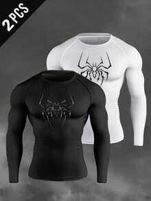 Manfinity EMRG 男士休闲蜘蛛印花圆领长袖运动T恤，秋季款 - 黑色 - 查看 1