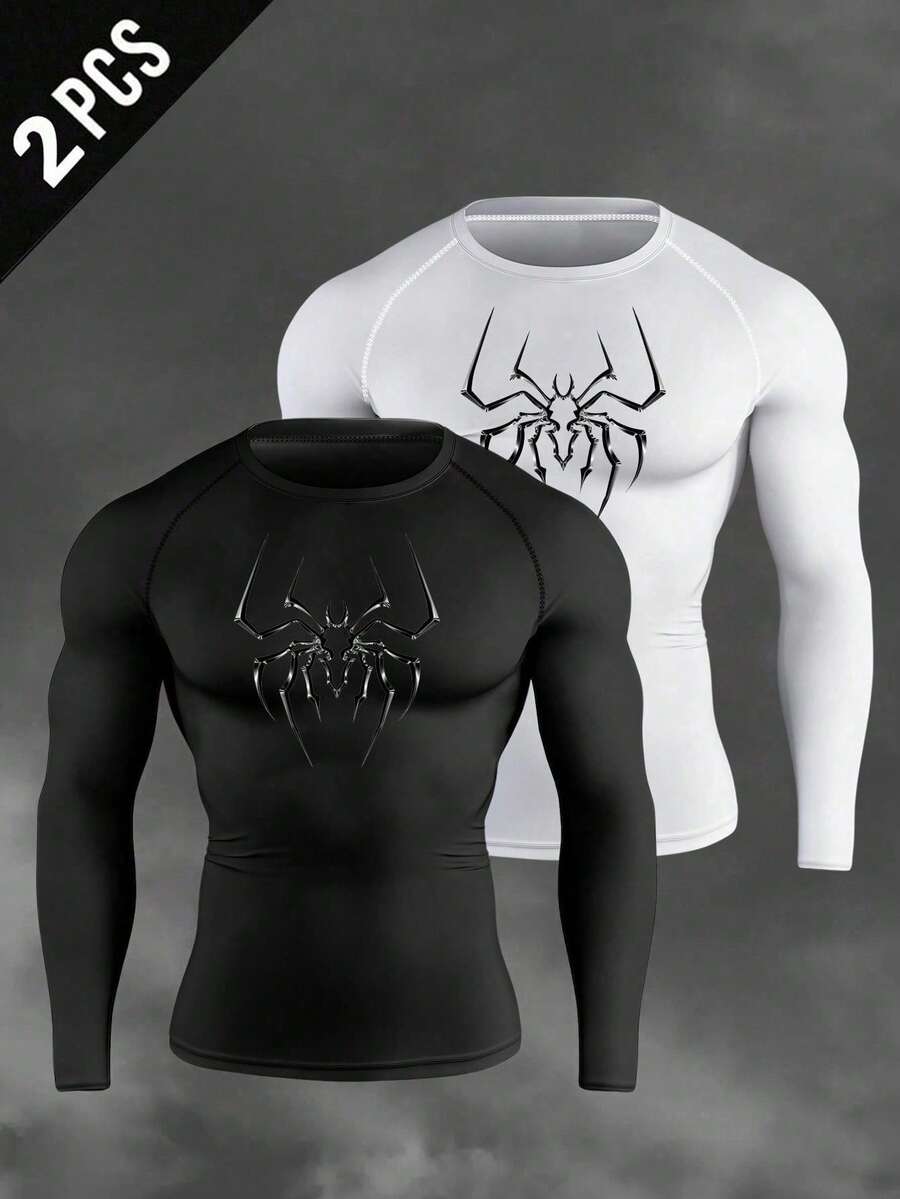 Manfinity EMRG 男士休闲蜘蛛印花圆领长袖运动T恤，秋季款 - 黑色 - 查看 1
