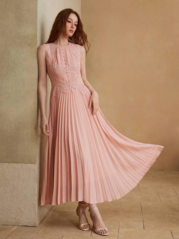 WOMEN'S PLEATED CONTRAST LACE ELEGANT DATE NIGHT SLEEVELESS MIDI DRESS, SPRING/SUMMER