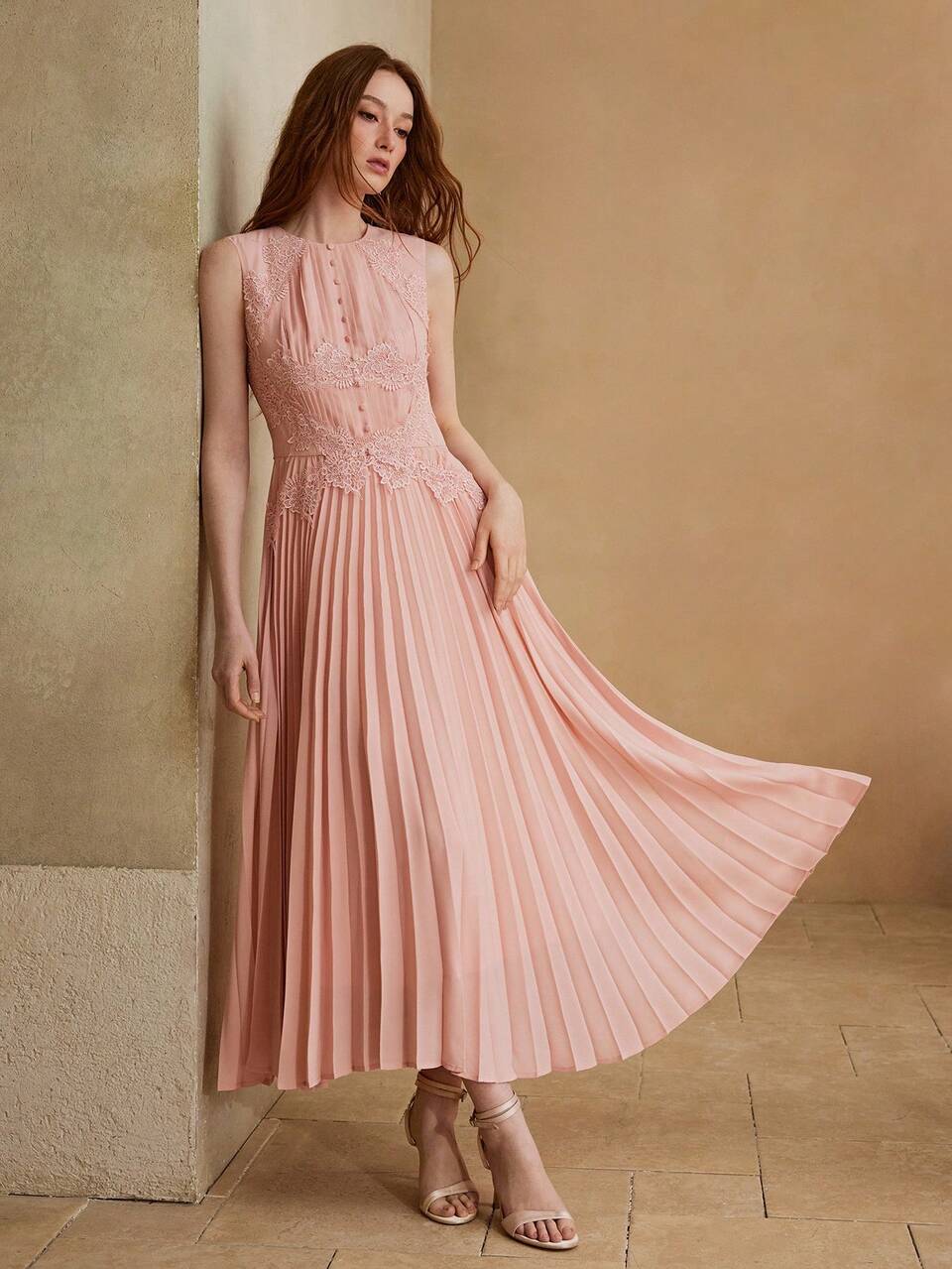 WOMEN'S PLEATED CONTRAST LACE ELEGANT DATE NIGHT SLEEVELESS MIDI DRESS, SPRING/SUMMER