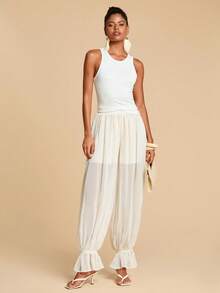 Travachic Women's Casual Apricot Plain Woven Fabric Parachute Long Pants With Ruffle Hem - Apricot - View 2