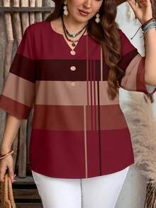 EMERY ROSE Casual Minimalist Red Base Geometric Striped Print Plus Size Shirt, Suitable For Spring And Autumn - Multicolor - View 3