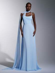Elitara 优雅奢华蓝色弹力针织吊带亮片伴娘礼服 - 淺藍色 - 查看 7
