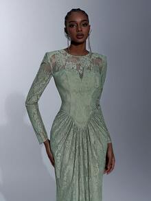 Elitara 优雅灰绿色浪漫弹力3D蕾丝圆领宽肩垫肩薄纱长袖收腰褶皱鱼尾露背连衣裙，适合约会、度假、婚礼、单身派对、商务晚宴及所有正式场合。 - 綠色 - 查看 9