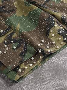 Manfinity EMRG Men's Summer Casual Camouflage Print Studded Rhinestone Denim Shorts - Army Green - View 7
