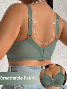 DesireSculpt 1pc Plus Size Lace Patchwork Wireless Bra - Dark Green - View 2