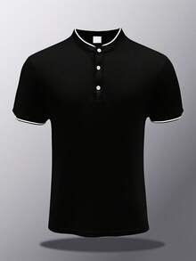 SHEIN Teen Boys' Black Contrast Collar Polo Shirt,Soft Casual Golf Shirt For Summer,Graduation,Back-To-School,Comfortable Fashionable Streetwear Jersey - Black - View 3