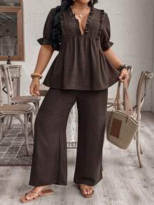 EMERY ROSE Plus Size Women's Brown 2 Pieces Set,V-Neck Short Sleeve Shirt And Wide Leg Pants,Summer Tropical Holiday Mother's Day Outfit Tea Party Casual Set - Brown - View 1