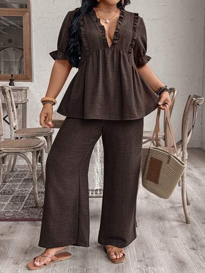 EMERY ROSE Plus Size Women V-Neck Casual Comfortable Short Sleeve Shirt And Straight Leg Casual Comfortable Pants Set