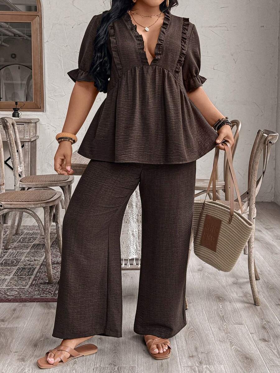 EMERY ROSE Plus Size Women's Brown 2 Pieces Set,V-Neck Short Sleeve Shirt And Wide Leg Pants,Summer Tropical Holiday Mother's Day Outfit Tea Party Casual Set - Brown - View 1