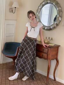 DAZY 少女格子印花不对称下摆休闲裙 - 棕色 - 查看 6